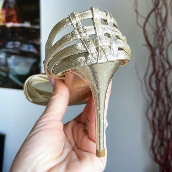 Casadei Gold Leather Strappy Woven Heeled Sandals - Picture 8 of 13